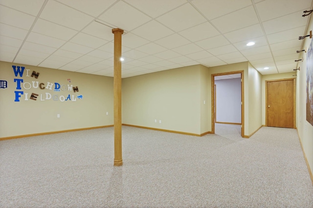 finished below grade area with recessed lighting, carpet, a paneled ceiling, and baseboards