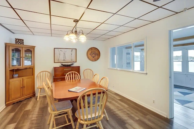 dining space with dark hardwood / wood-style flooring, a drop ceiling, and an inviting chandelier