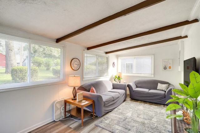 living room with vaulted ceiling with beams, light hardwood / wood-style floors, and a textured ceiling