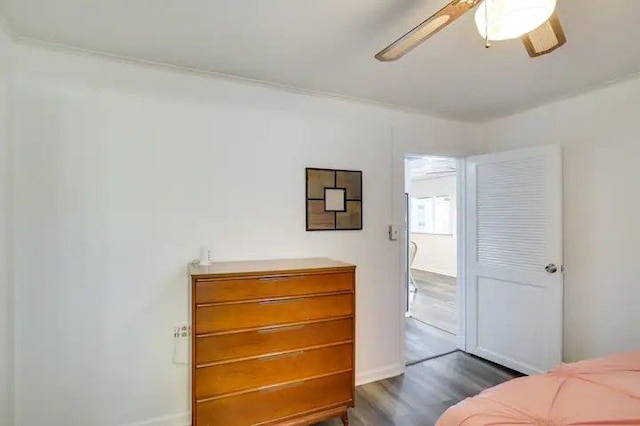 bedroom featuring ceiling fan and dark hardwood / wood-style flooring