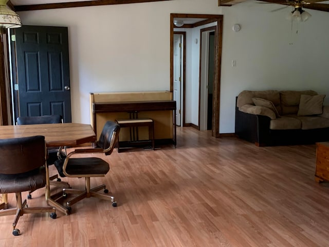 dining room with hardwood / wood-style flooring and ceiling fan