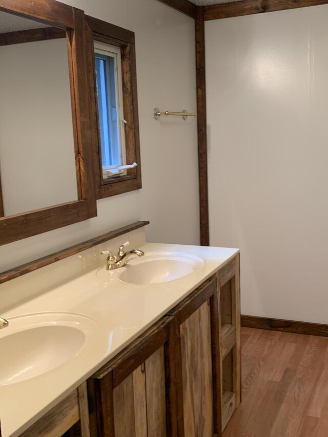 15070 Rapids Dr, Hersey, MI 49639 - bathroom featuring wood finished floors, double vanity, and baseboards