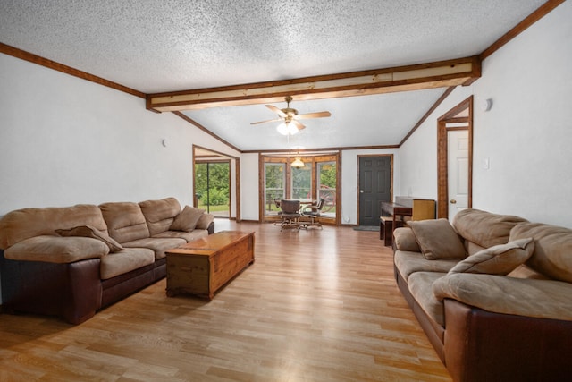 living room with vaulted ceiling with beams, light hardwood / wood-style floors, a textured ceiling, and ceiling fan