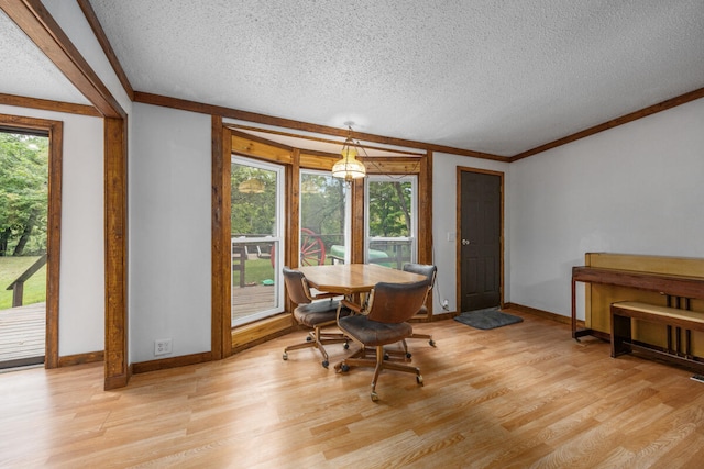 dining room featuring plenty of natural light, ornamental molding, a textured ceiling, and light hardwood / wood-style flooring