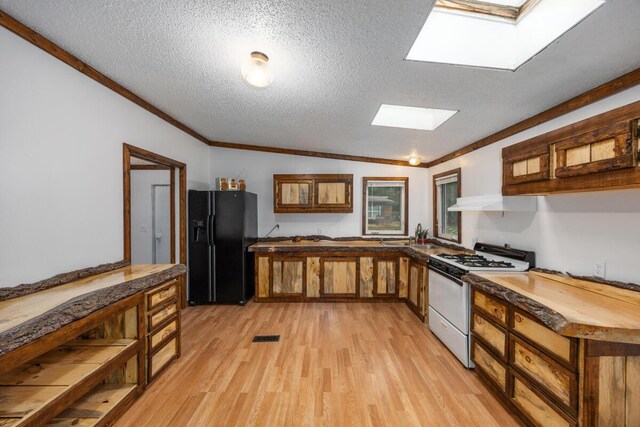 15070 Rapids Dr, Hersey, MI 49639 - kitchen with black fridge, white range with gas cooktop, a skylight, light wood-style floors, and a textured ceiling