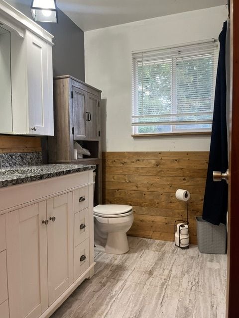 bathroom with vanity, hardwood / wood-style flooring, toilet, and wood walls