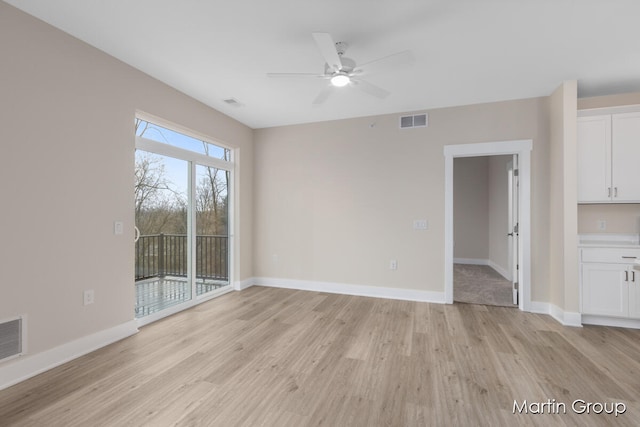 unfurnished living room with light hardwood / wood-style floors and ceiling fan