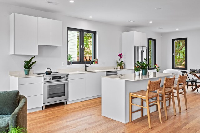 2251 Trillium Ln, Ann Arbor, MI 48104 - kitchen with appliances with stainless steel finishes, a sink, a kitchen island, a breakfast bar area, and modern cabinets