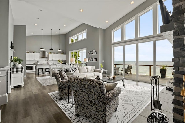 living room featuring dark hardwood / wood-style flooring, a towering ceiling, and a water view