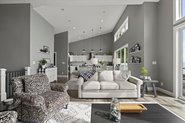 living room featuring light hardwood / wood-style flooring and high vaulted ceiling