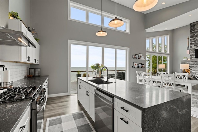 kitchen featuring pendant lighting, stainless steel appliances, white cabinetry, and sink