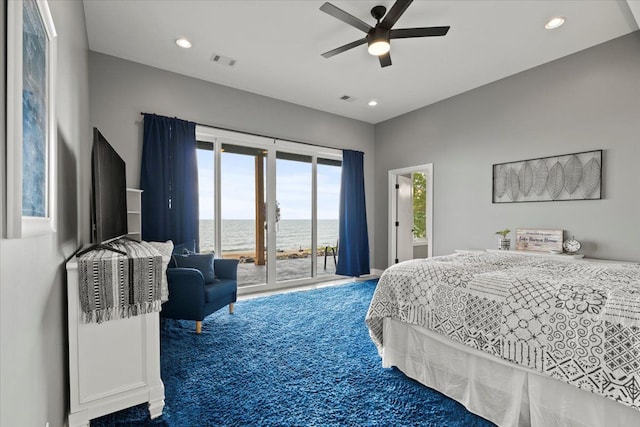 bedroom with carpet, ceiling fan, and access to exterior