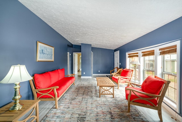 living room with wood-type flooring and a textured ceiling