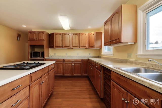 kitchen with wood-type flooring, white gas cooktop, stainless steel microwave, and sink