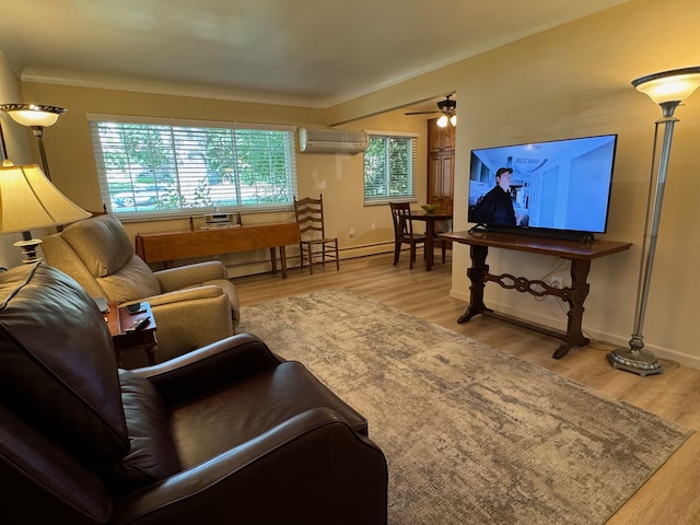 3437 3rd St Unit G, Trenton, MI 48183 - living area featuring an AC wall unit, wood finished floors, ceiling fan, baseboards, and a baseboard heating unit
