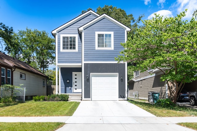 front of property with a garage and a front lawn