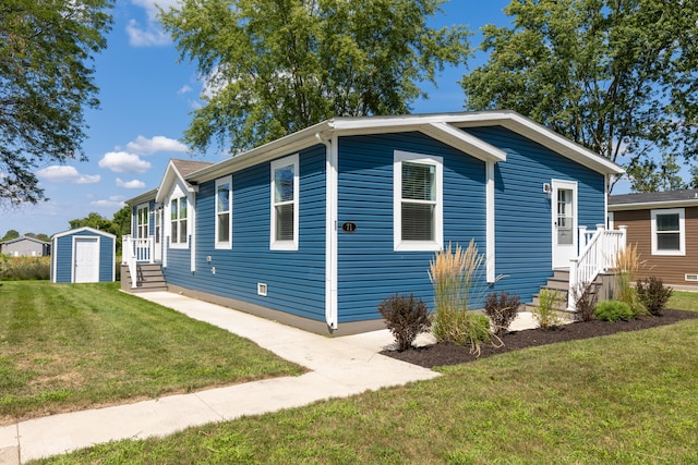 view of property exterior with a storage unit and a yard