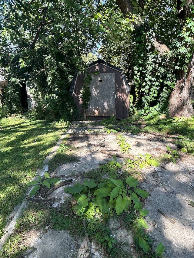 view of yard featuring a storage unit