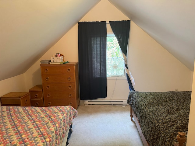 carpeted bedroom with a baseboard radiator and lofted ceiling