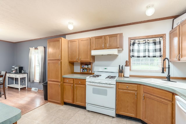 kitchen featuring crown molding, sink, white appliances, and light hardwood / wood-style flooring