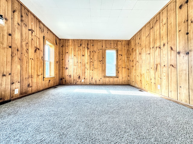 spare room featuring carpet, wooden walls, and baseboards