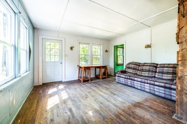 living room with dark hardwood / wood-style flooring