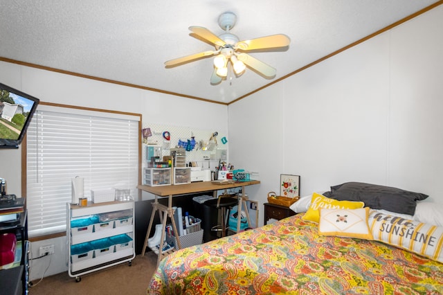 carpeted bedroom with ceiling fan, ornamental molding, and a textured ceiling