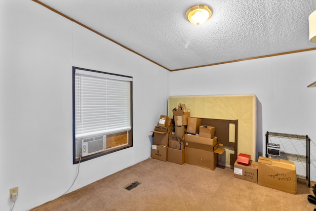 interior space with light carpet, a textured ceiling, vaulted ceiling, and crown molding