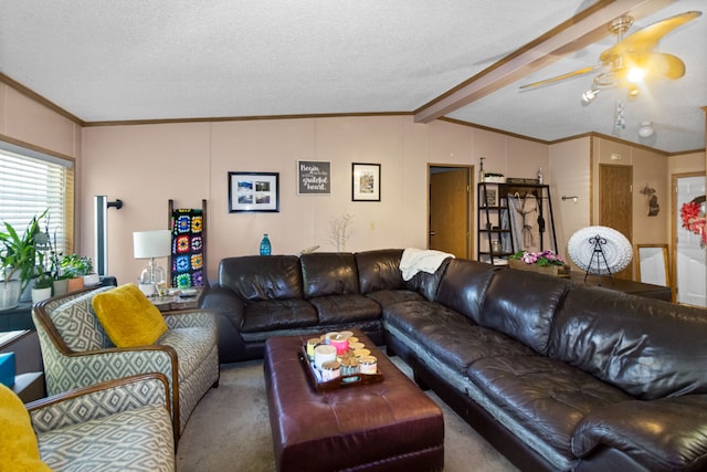 living room with a textured ceiling, lofted ceiling with beams, carpet floors, and ornamental molding