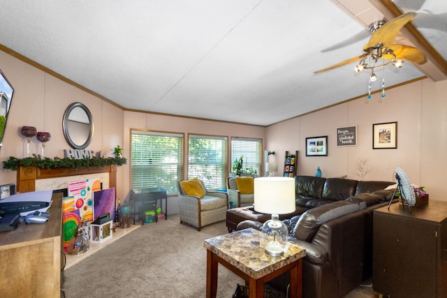 carpeted living room with ceiling fan, crown molding, lofted ceiling, and a textured ceiling