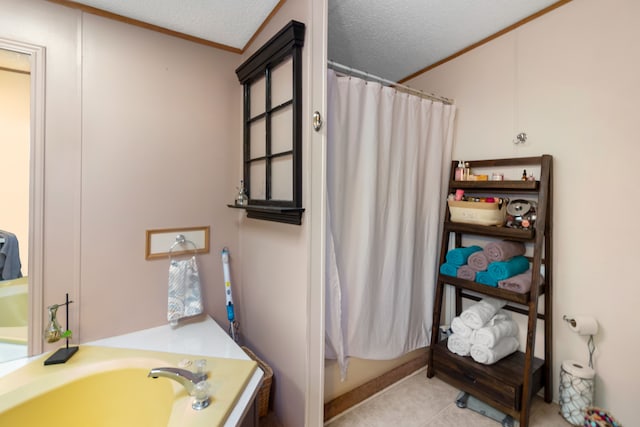 bathroom with shower with separate bathtub, a textured ceiling, and crown molding