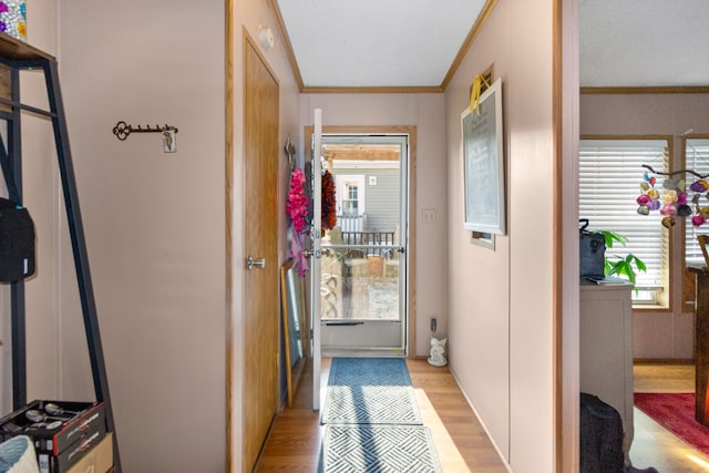 doorway with light hardwood / wood-style flooring and ornamental molding