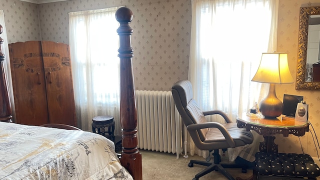 carpeted bedroom with crown molding and radiator heating unit