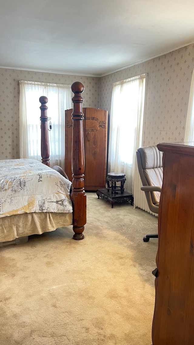 bedroom with light colored carpet