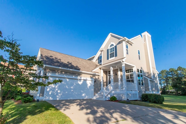 view of front of property featuring a porch, a garage, and a front yard