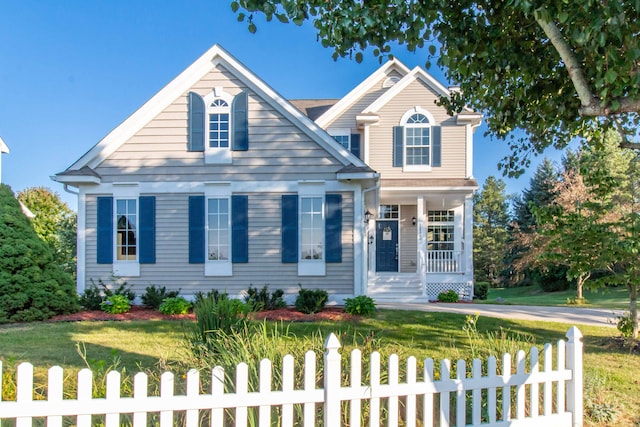 view of front of home featuring a front lawn and covered porch