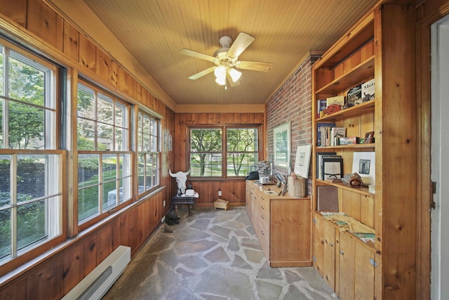 office with wooden walls, ceiling fan, brick wall, and a baseboard radiator