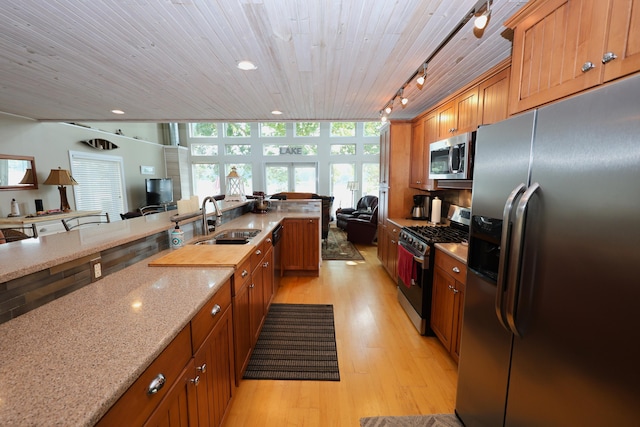 kitchen featuring appliances with stainless steel finishes, rail lighting, light stone counters, sink, and light hardwood / wood-style flooring