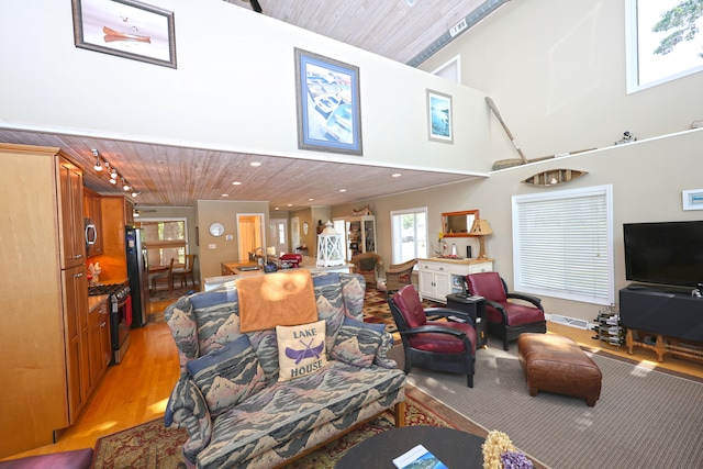 living room featuring wooden ceiling, high vaulted ceiling, and light hardwood / wood-style flooring