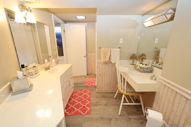 93810 Lake Ct, Dowagiac, MI 49047 - bathroom featuring a wainscoted wall, wood finished floors, and vanity