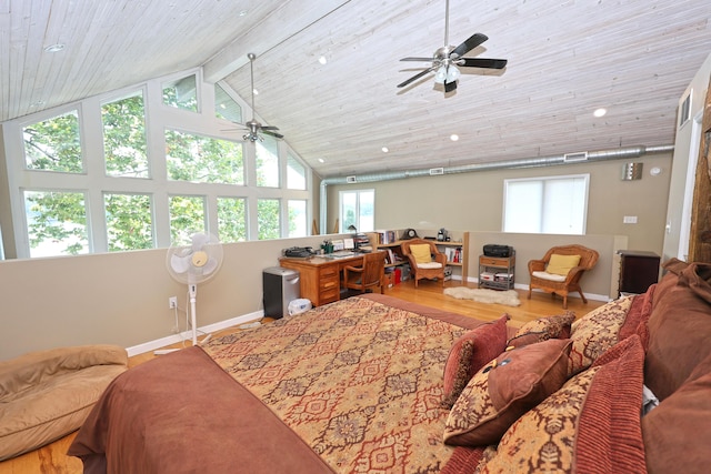 93810 Lake Ct, Dowagiac, MI 49047 - bedroom featuring a wooden ceiling with exposed beams, wood finished floors, high vaulted ceiling, recessed lighting, and a ceiling fan