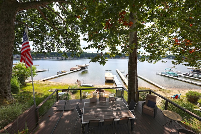 wooden deck with a water view and a dock