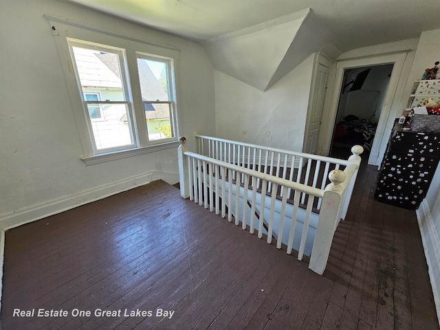 bedroom featuring lofted ceiling and dark wood-type flooring