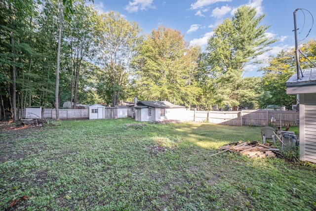 view of yard featuring a storage shed