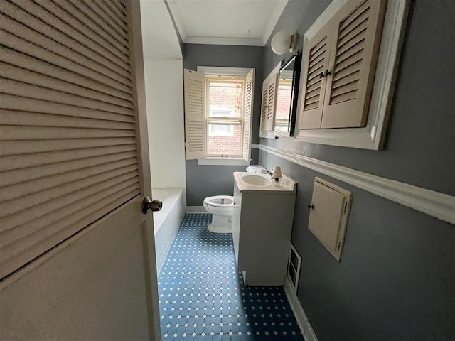 full bathroom featuring crown molding, separate shower and tub, vanity, and toilet