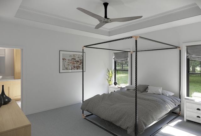 46090 Sunset St, Northville, MI 48167 - carpeted bedroom with a ceiling fan, a raised ceiling, and crown molding