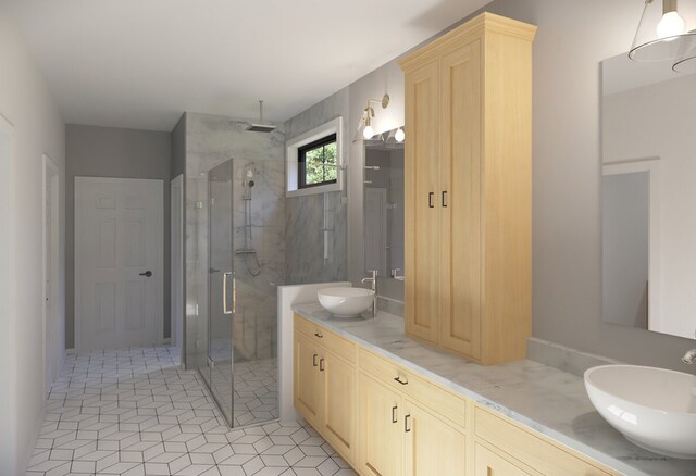46090 Sunset St, Northville, MI 48167 - bathroom with a marble finish shower, double vanity, and a sink