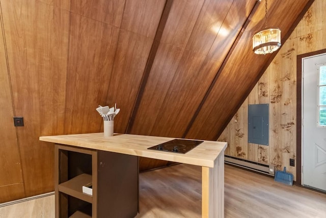 bonus room with light hardwood / wood-style floors, wood ceiling, vaulted ceiling, wooden walls, and electric panel