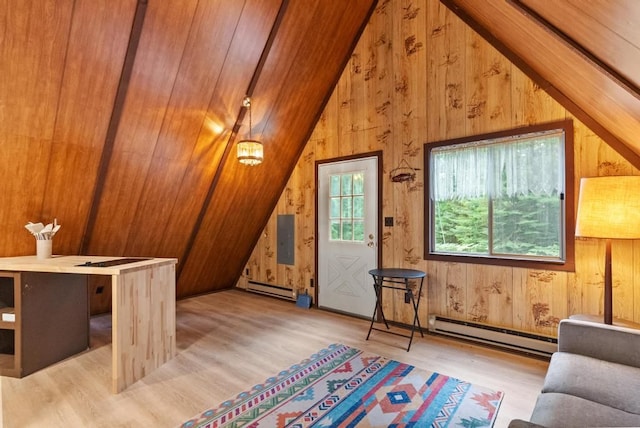 additional living space with hardwood / wood-style floors, wood ceiling, baseboard heating, and wood walls