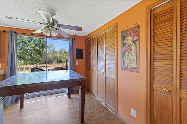 interior space with a textured ceiling, light hardwood / wood-style floors, and ceiling fan